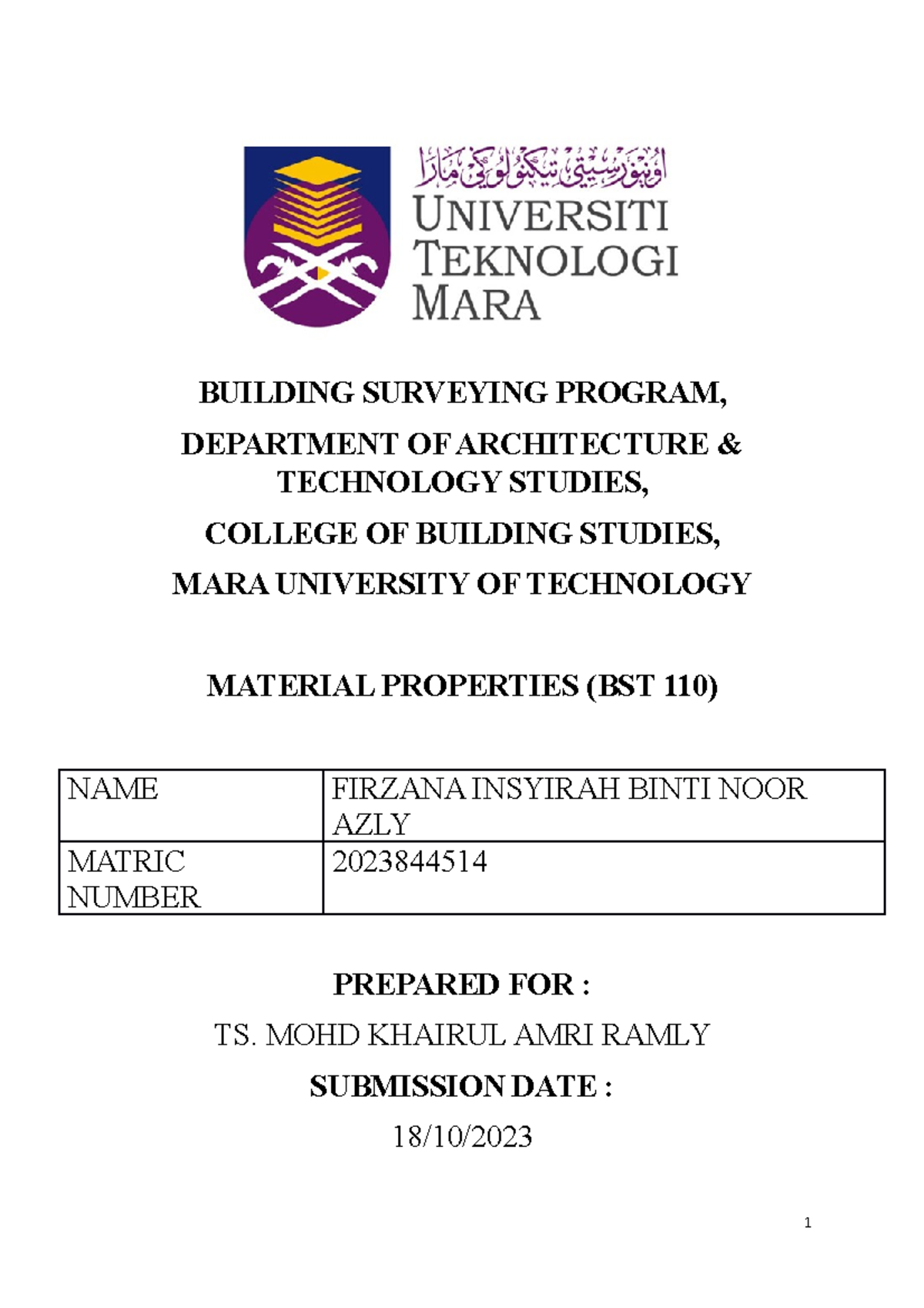BST110 Material Properties TASK 1 - BUILDING SURVEYING PROGRAM ...