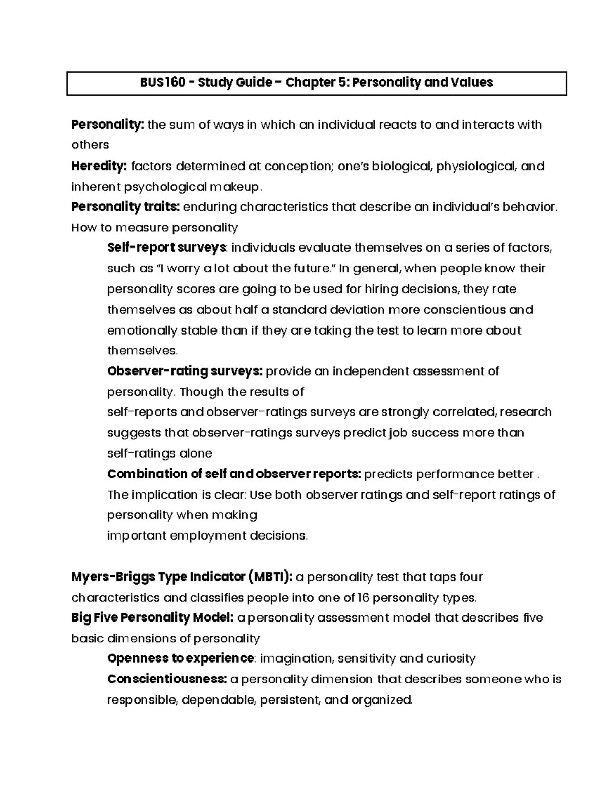 Ch5 - Study Guide BUS 160 - BUS 160 - Study Guide – Chapter 5 ...