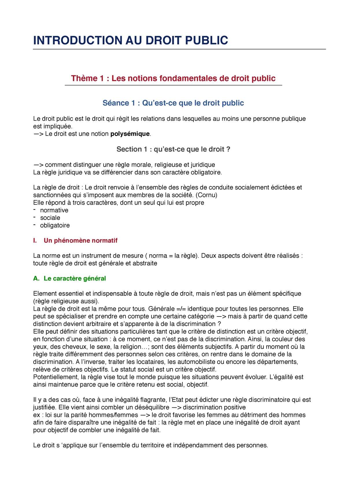 Droit Public Séance 1 Notes De Cours Cours 1 Introduction Au Droit Public Thème 1 Les 