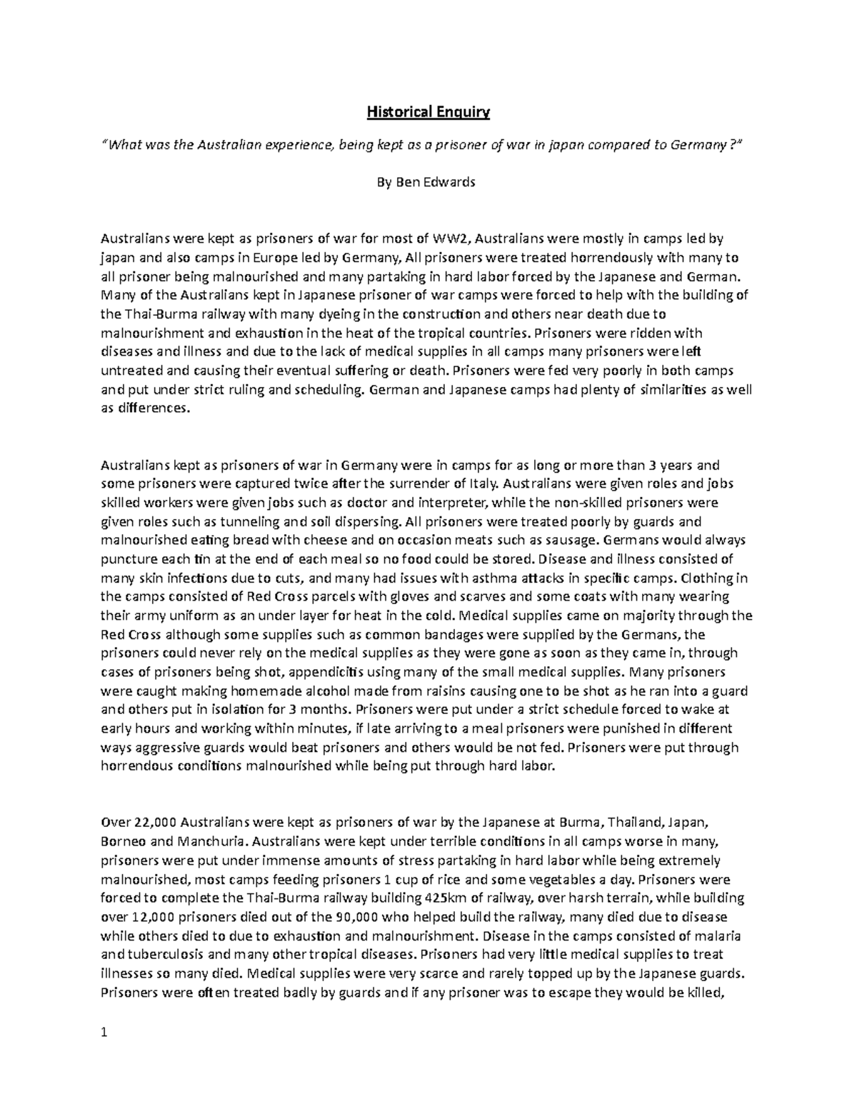 Historical inquiry essay - Historical Enquiry “What was the Australian ...