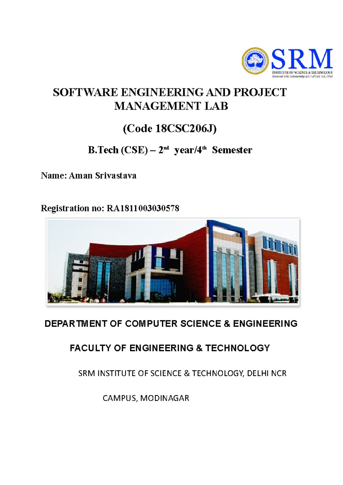 SEPM Lab Manual Aman Srivastava Reg SOFTWARE ENGINEERING AND PROJECT