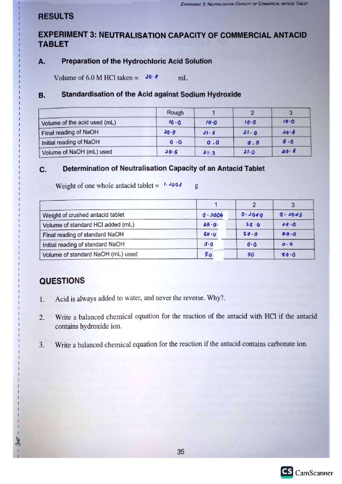 Calculation EXP 3 - EXPERIMENT 3: NEUTRALISATION CAPACITY OF COMMERCIAL ...