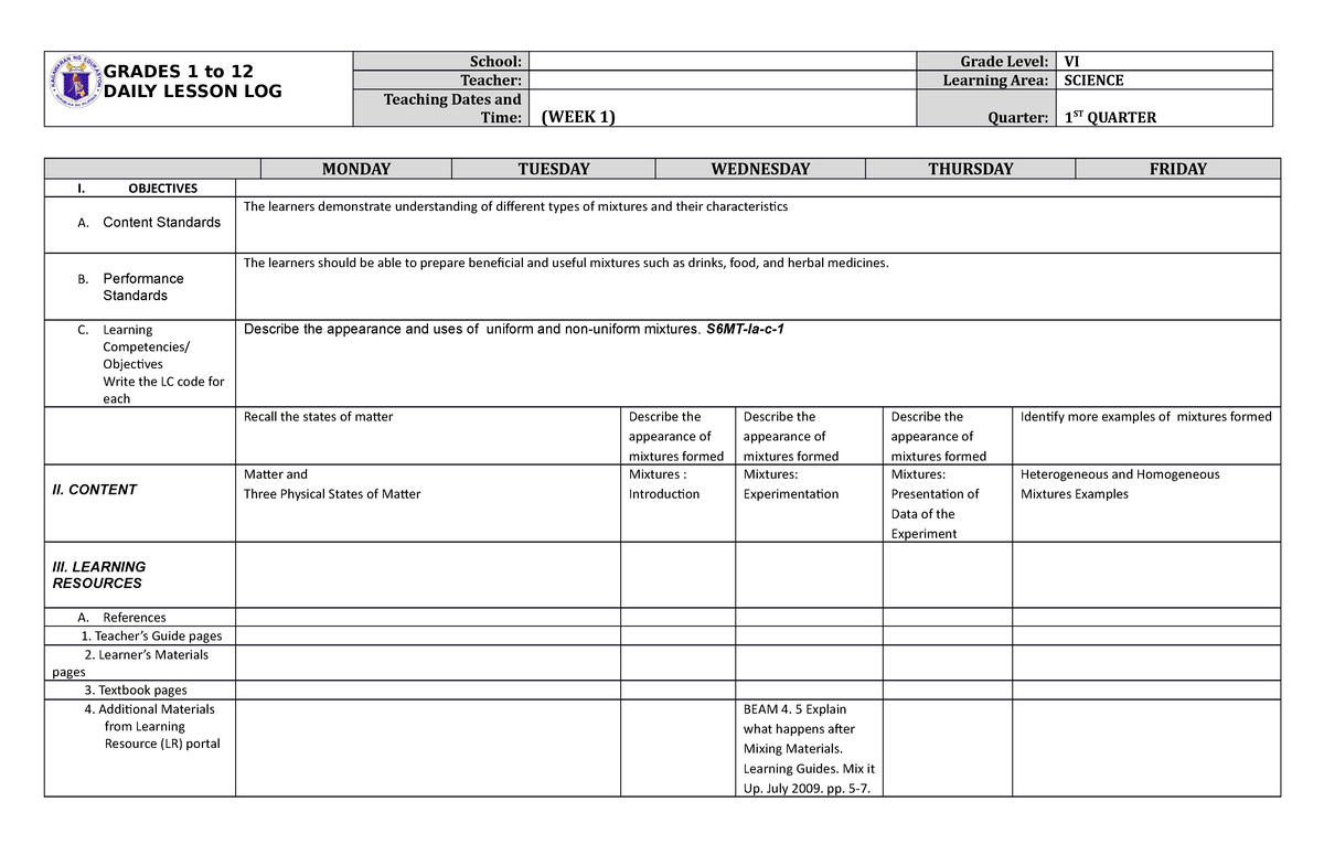 Science DLL - maam marie - GRADES 1 to 12 DAILY LESSON LOG School ...