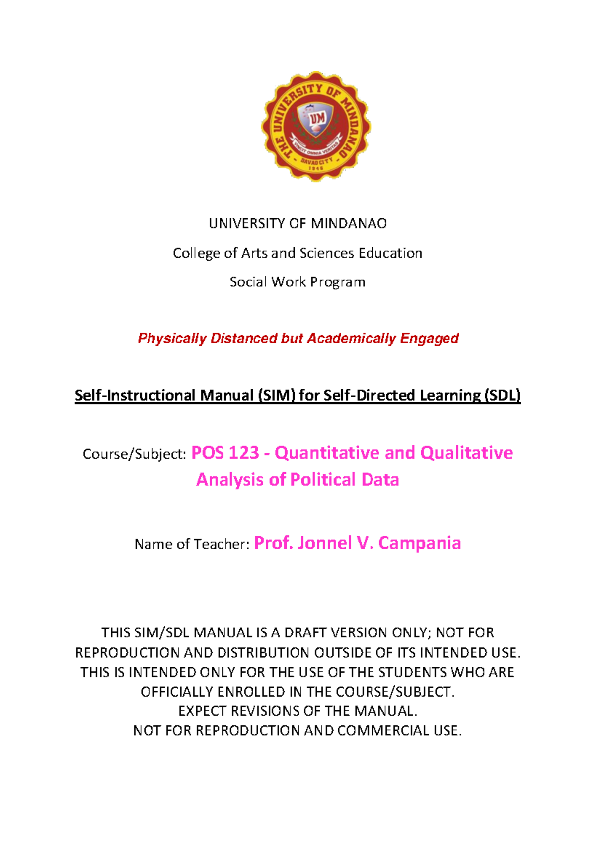 SIM POS 123 Week 6 7 - QUALITATIVE AND QUANTITATIVE ANALYSIS OF ...