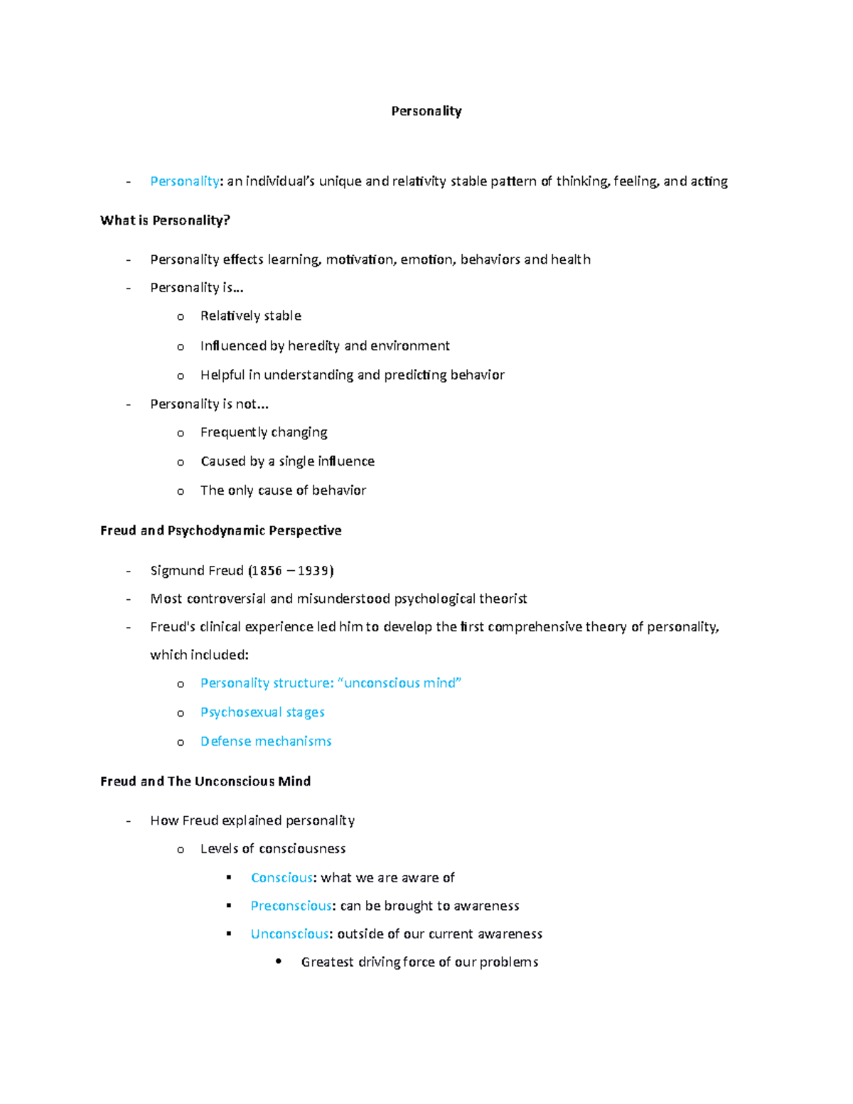 PSYC 1000 - Module 8 - Chapter 11 Notes - Personality Personality: An ...