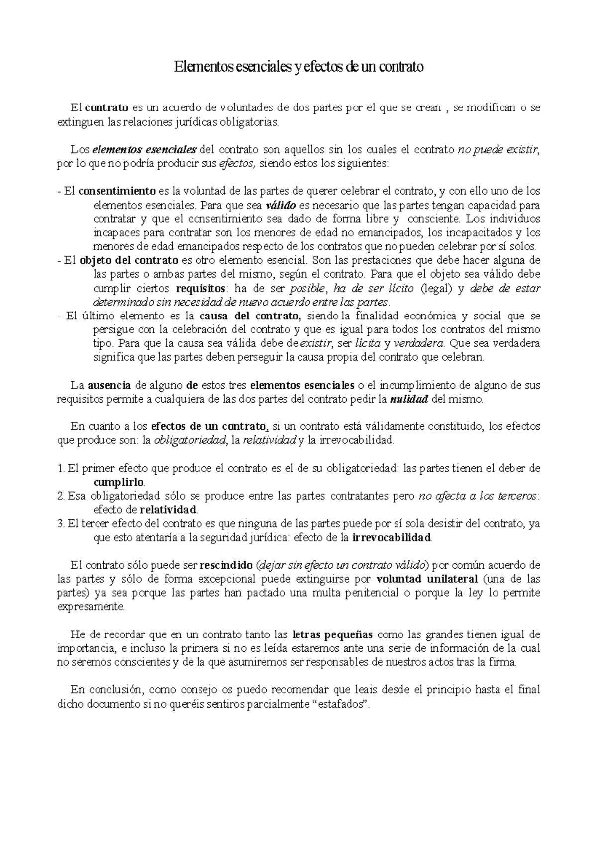 Apuntes - Elementos esenciales y efectos de un contrato - Elementos ...