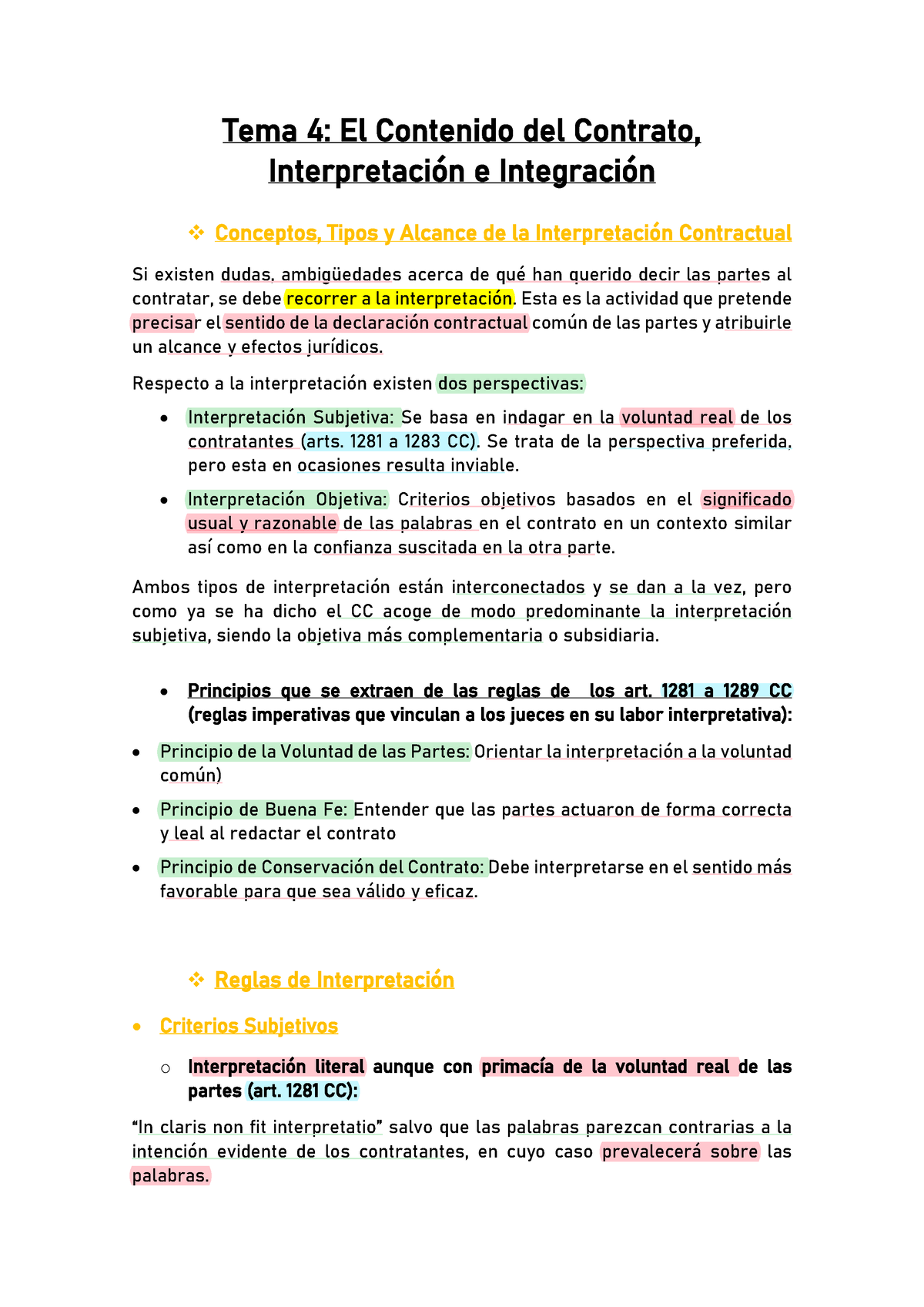 Tema 4 Apuntes Interpretación E Integración Tema 4 El Contenido Del Contrato