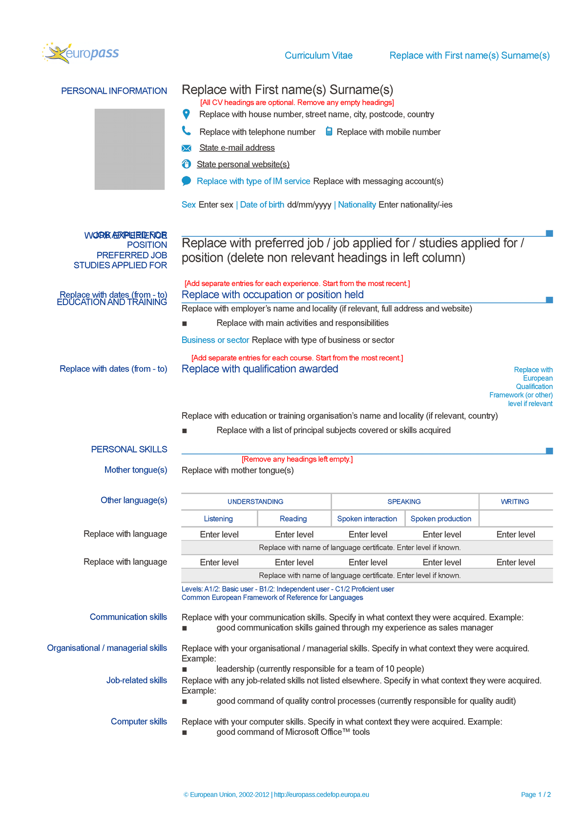 Europass Cv Template Curriculum Vitae Replace With First Names Surnames Personal 6582