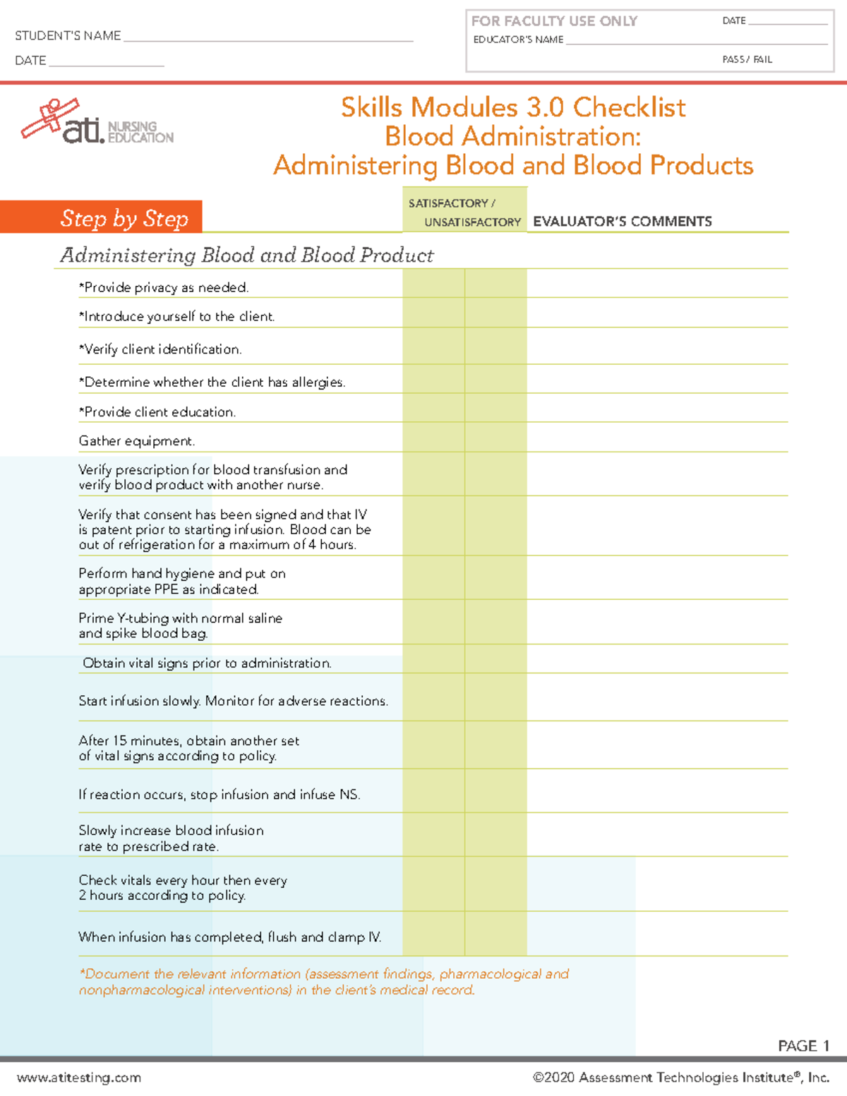 Skills Checklist Blood Admin - EDUCATOR IMPLEMENTATION GUIDE atitesting ...