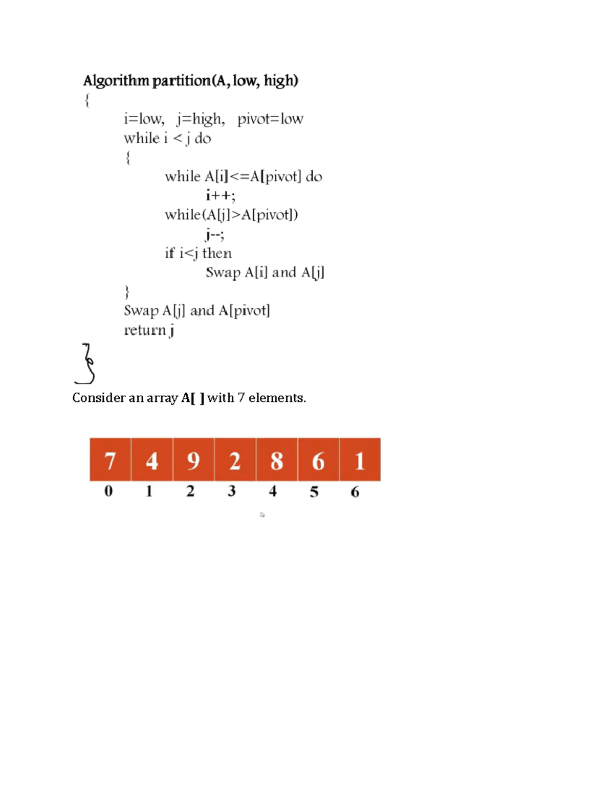 Quick sort - Consider an array A[ ] with 7 elements. Pointer i moves to ...