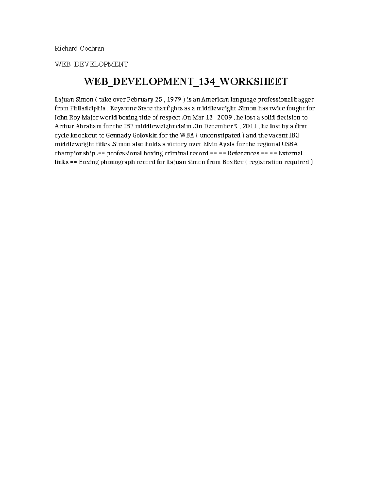 WEB Development 134 Worksheet - Richard Cochran WEB_DEVELOPMENT WEB ...