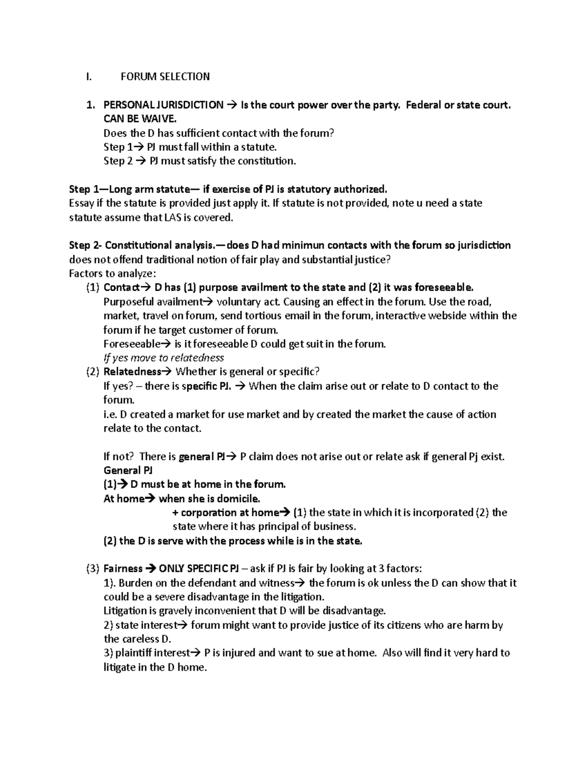 Civpro Outline - I. FORUM SELECTION PERSONAL JURISDICTION Is The Court ...