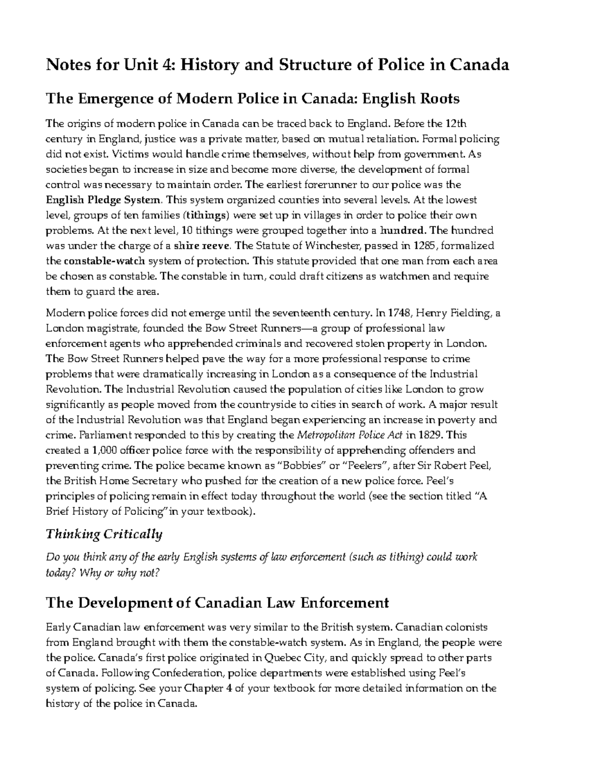 Unit 4 Notes - Notes for Unit 4: History and Structure of Police in ...