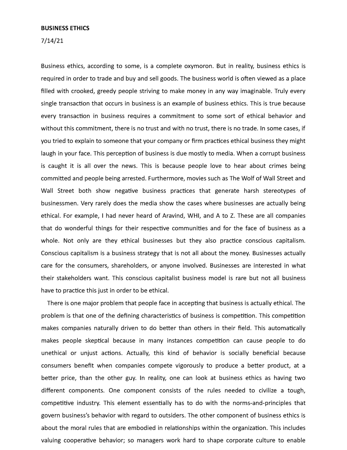 example of business ethics essay