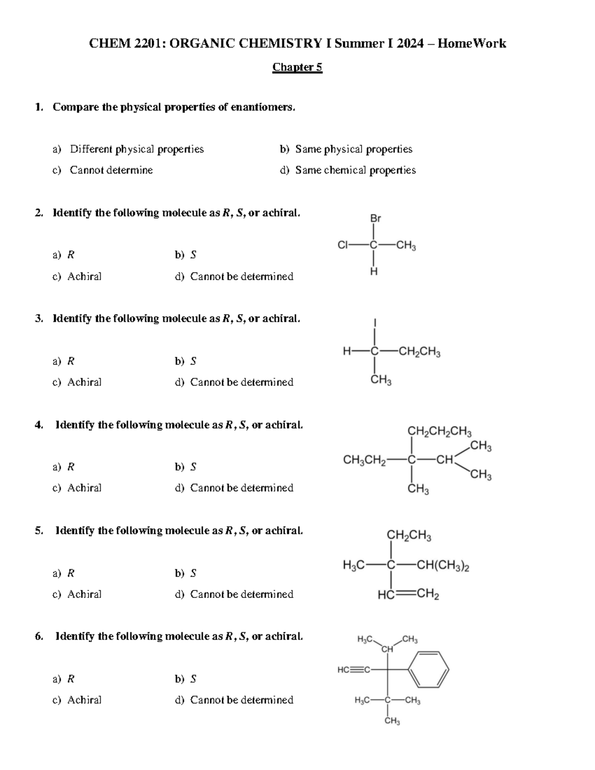 CHEM+2201 Summer+I+2024+-+Home Work chapter+5+questions - CHEM 2201 ...