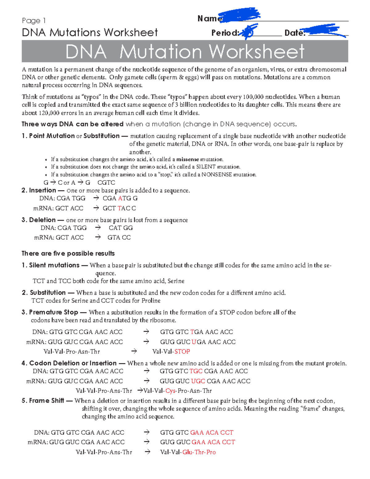 Kami Export - dna mutations worksheet - ####### Page 1 DNA Mutations  Worksheet Period: Date: DNA - Studocu