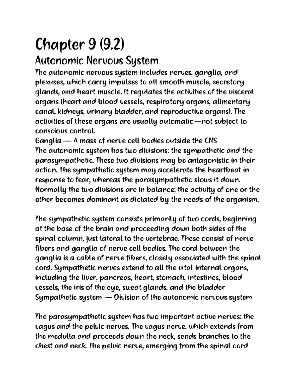 9 - Chapter 9.2 notes - Chapter 9 (9) Autonomic Nervous System The ...