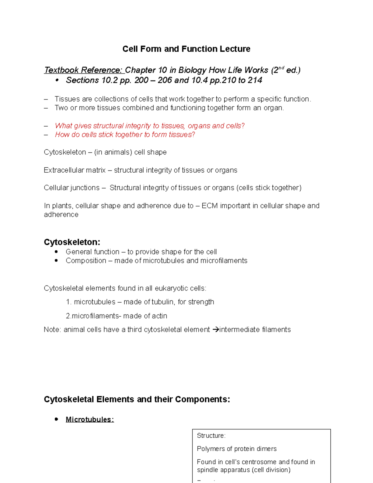 Cell Form and Function - Lecture notes 10 - Cell Form and Function ...