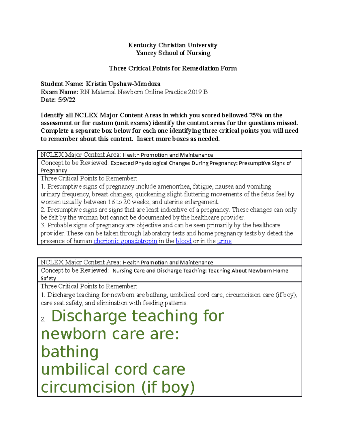 KCU Three Critical Points Remediation Template 14 Maternity B Mastery ...