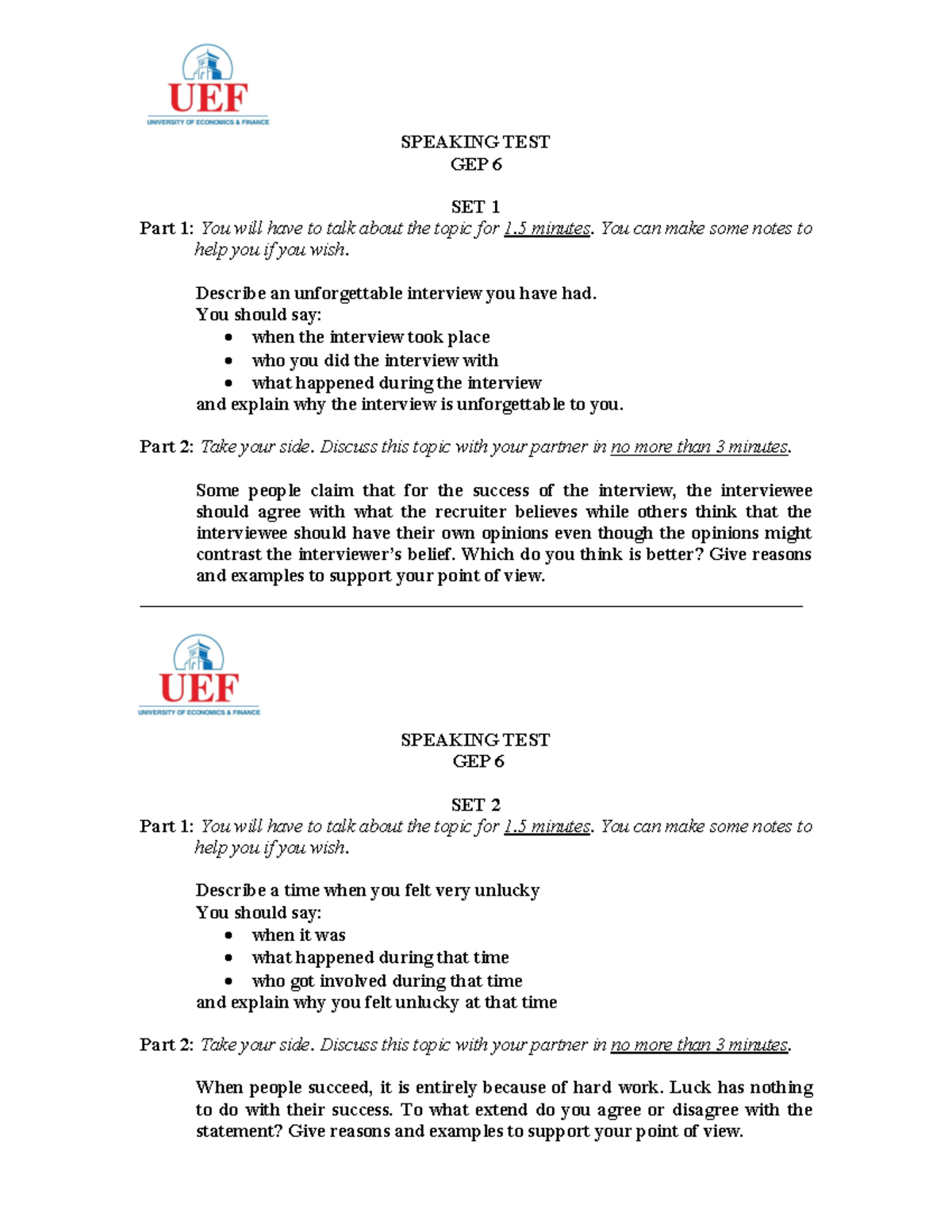 GEP 6 Speaking test - Test Sets updated - GEP 6 SET 1 Part 1: You will ...