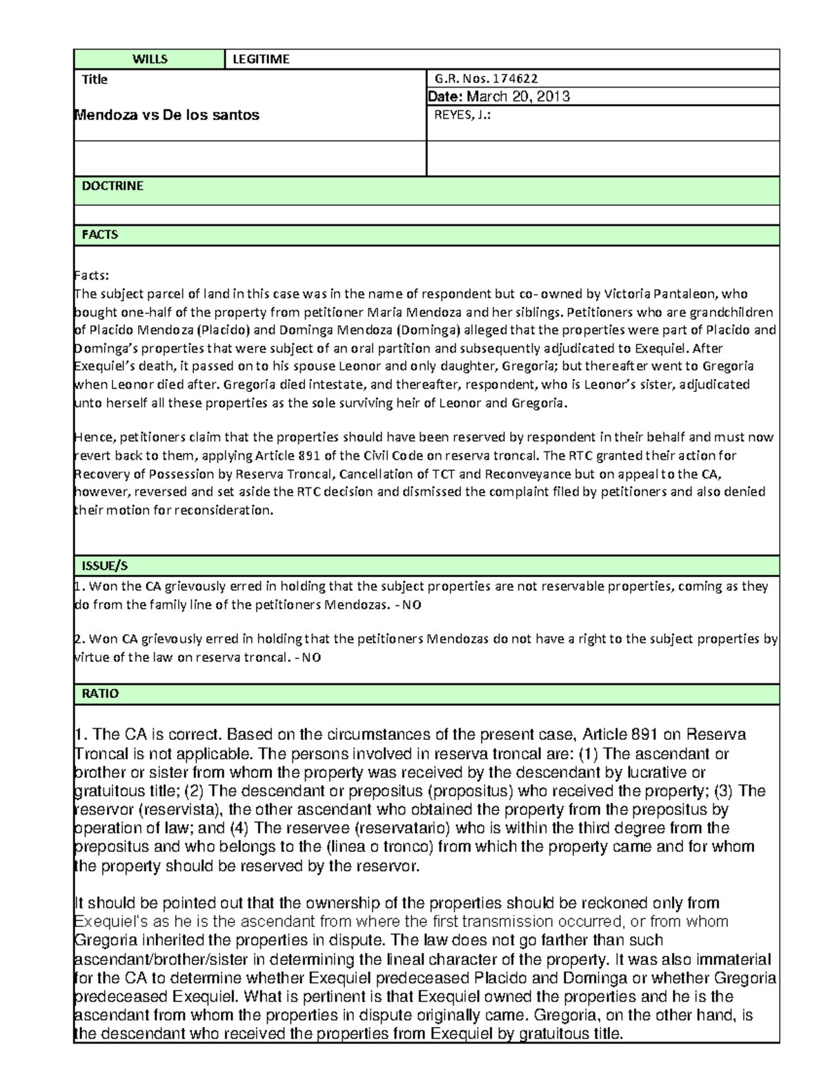 424978904 1 Mendoza vs de Los Santos - WILLS LEGITIME Title Mendoza vs ...