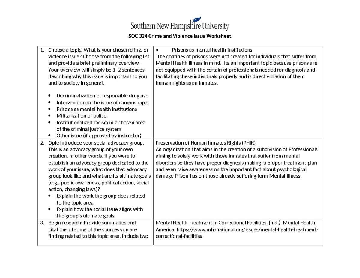 Soc324 crime and violence issue worksheet DONE - SOC 324 Crime and ...