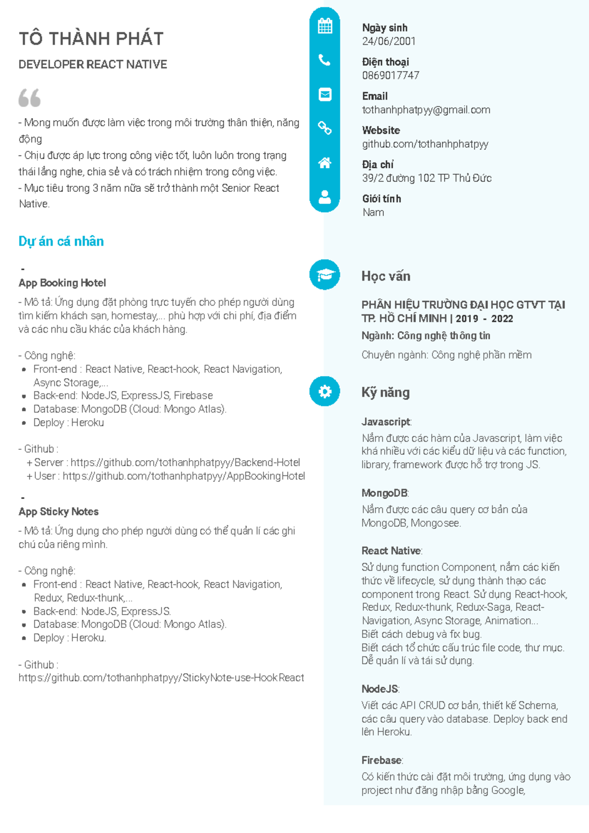 CV Fresher React Native - Mong muốn được làm việc trong môi trường thân ...