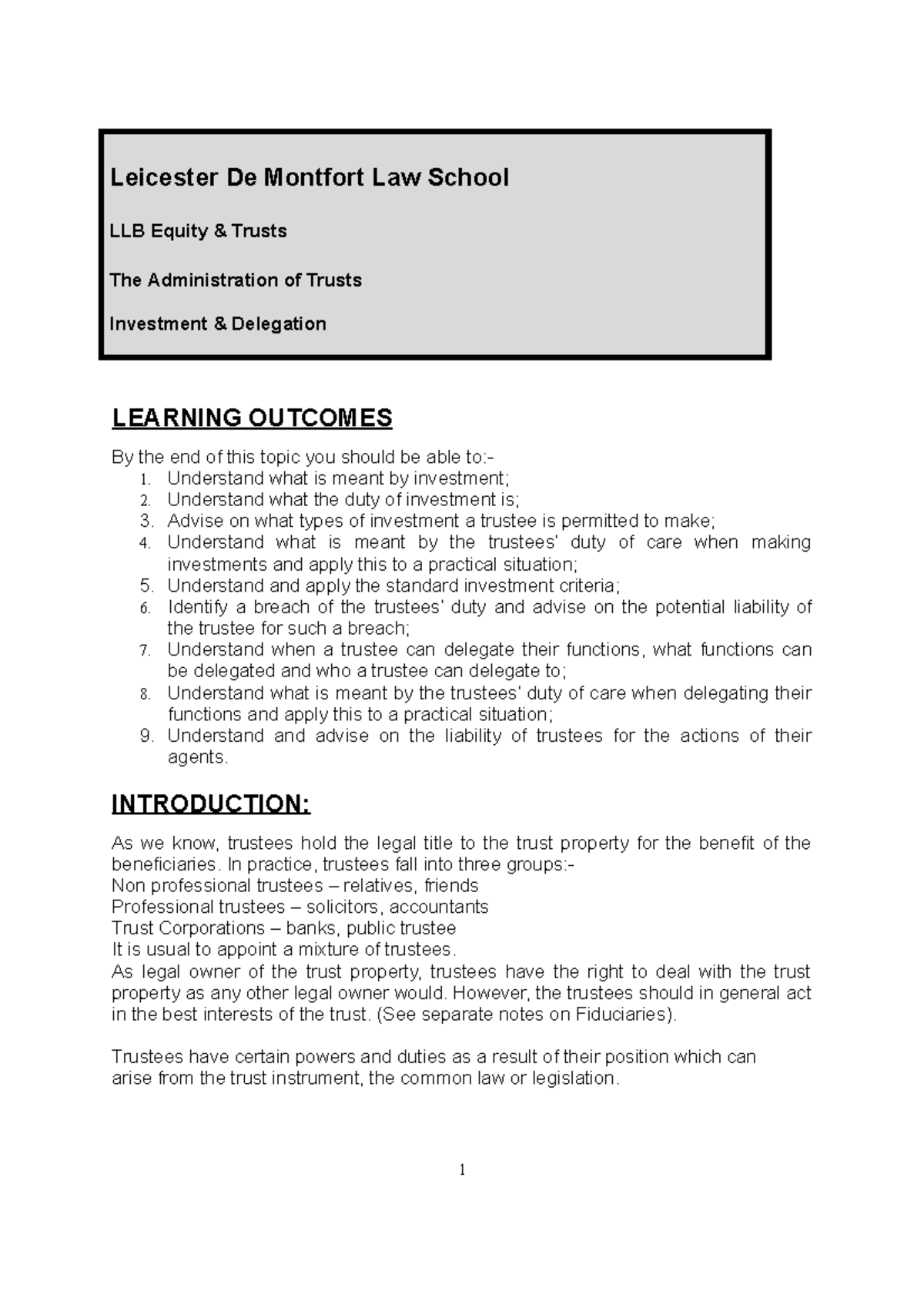 Investment and Delegation Leicester De Montfort Law School LLB Equity