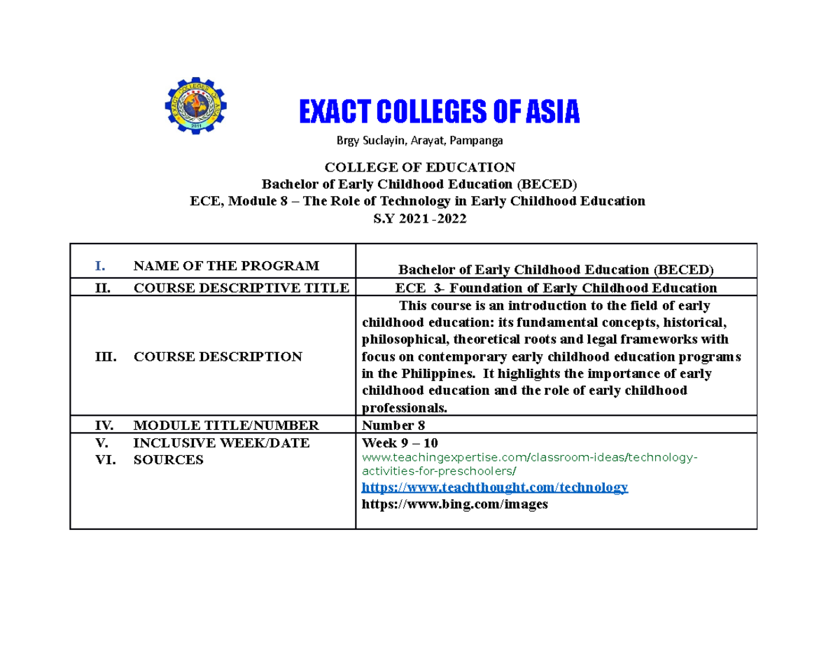 ECE Module 8 The Role of Technology in Early Childhood Education - Brgy ...