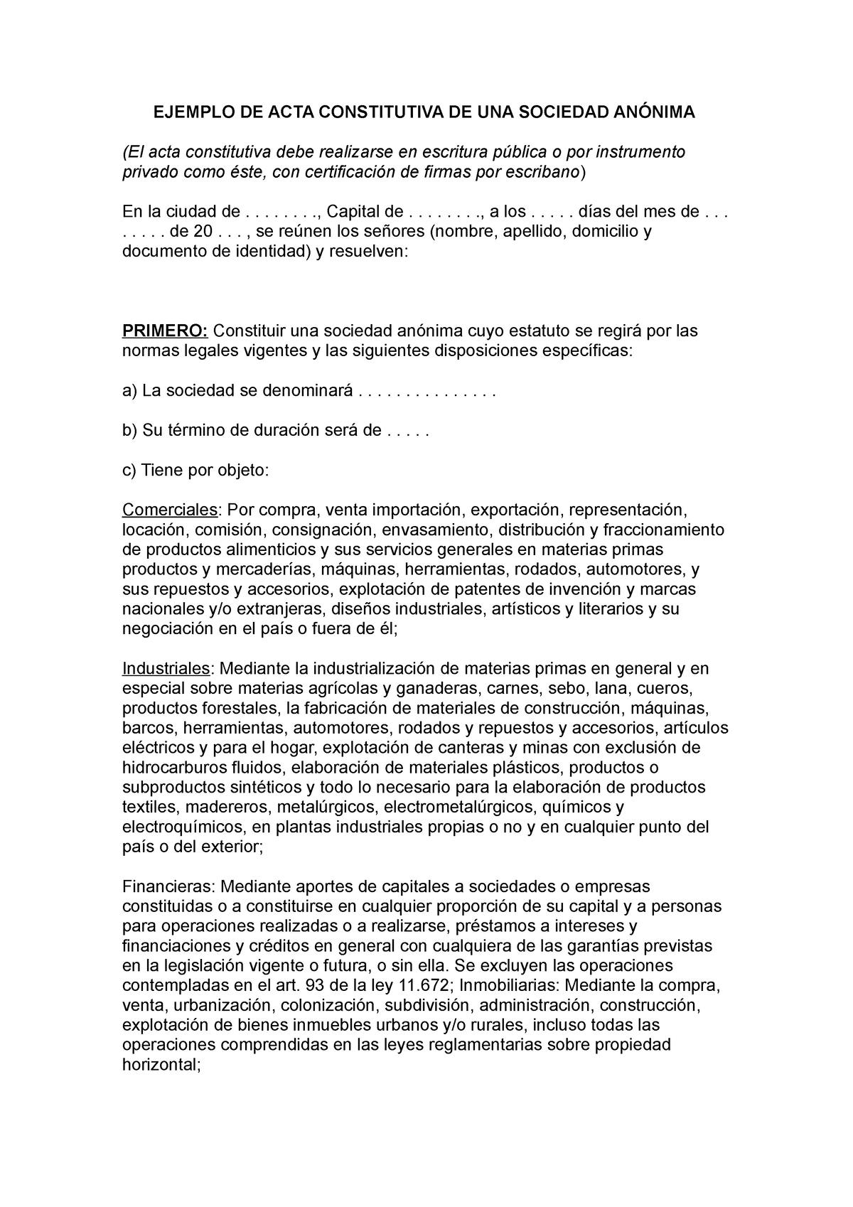 Acta Constitutiva De Una Agencia De Viajes - EJEMPLO DE ACTA ...