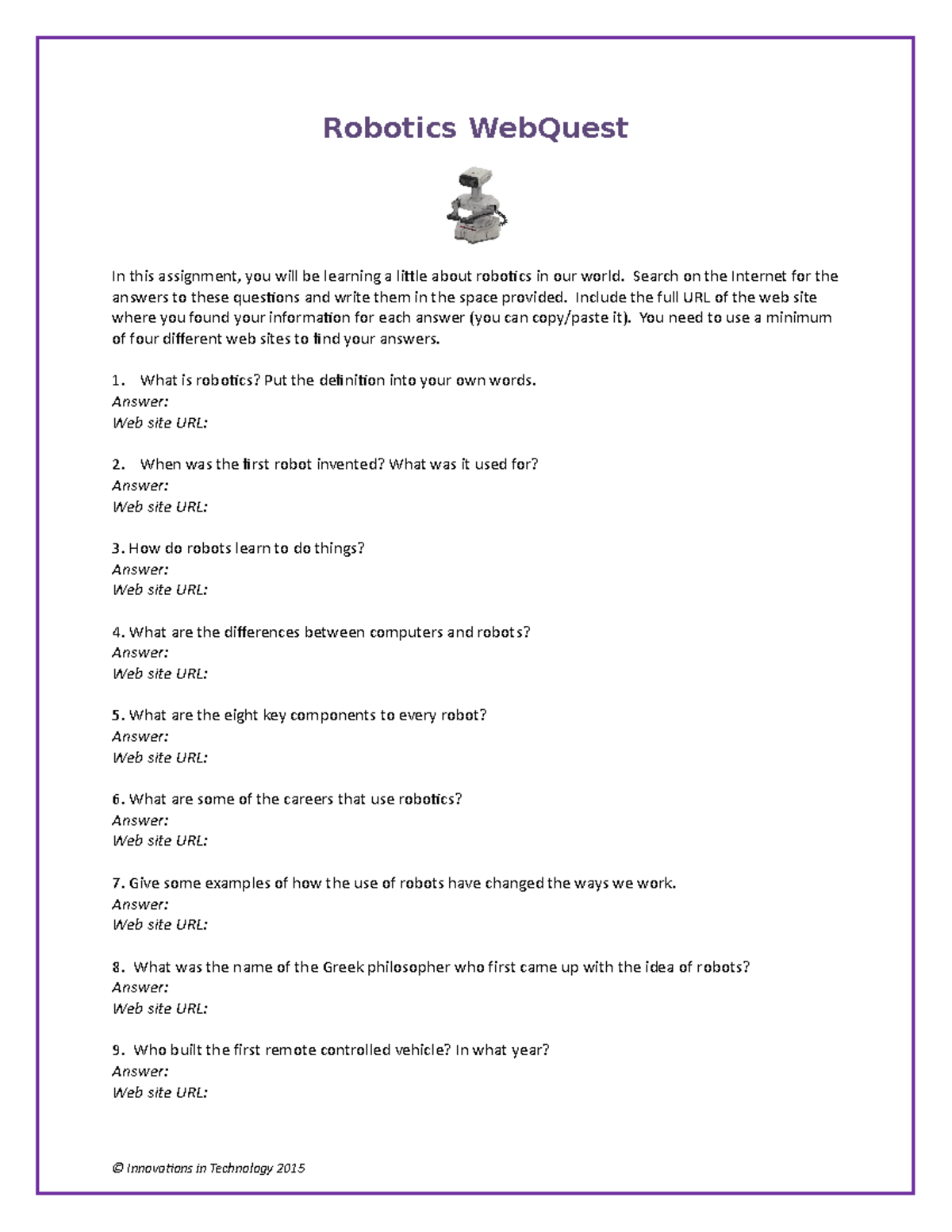 Robotics quest Print1 Robotics Quest In this assignment, you