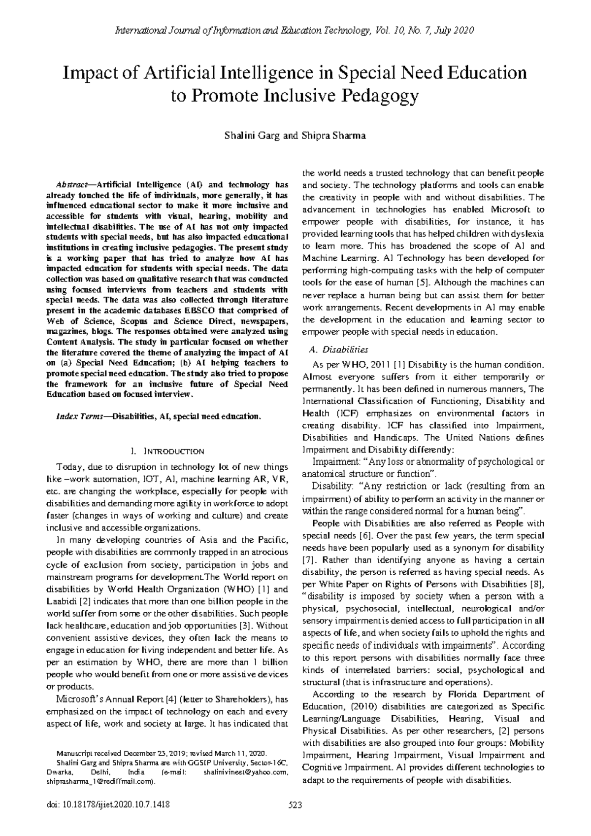 Impact of Artificial Intelligence in Special Need - Abstract—Artificial ...