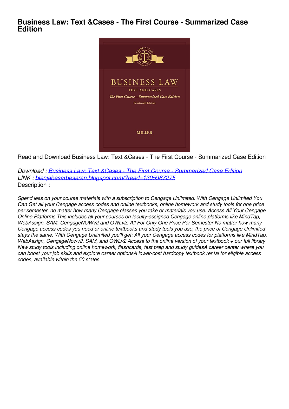 PDF/READ Business Law: Text Cases - The First Course - Summarized Case ...