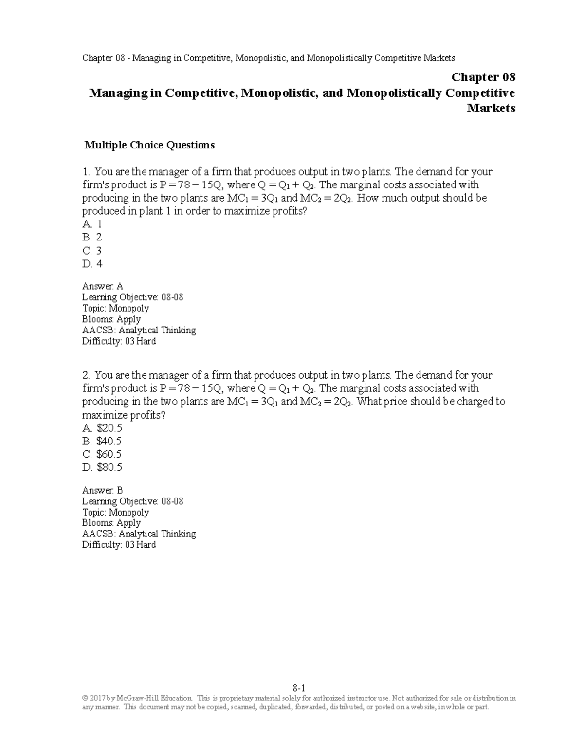 Test Bank For Managerial Economics And Business Strategy Chapter 8 ...