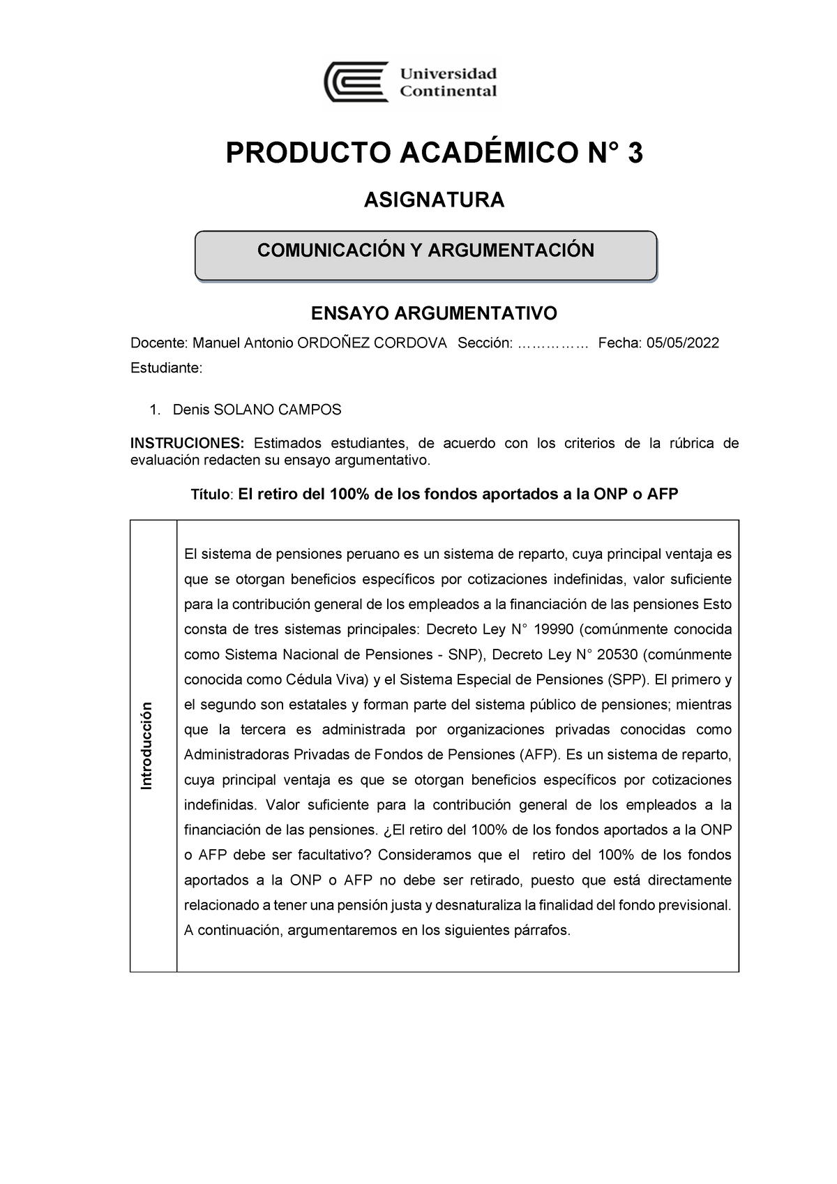 P.A.N°3 Comunicación Y Argumentación 05MAY2022 - PRODUCTO ACADÉMICO N ...