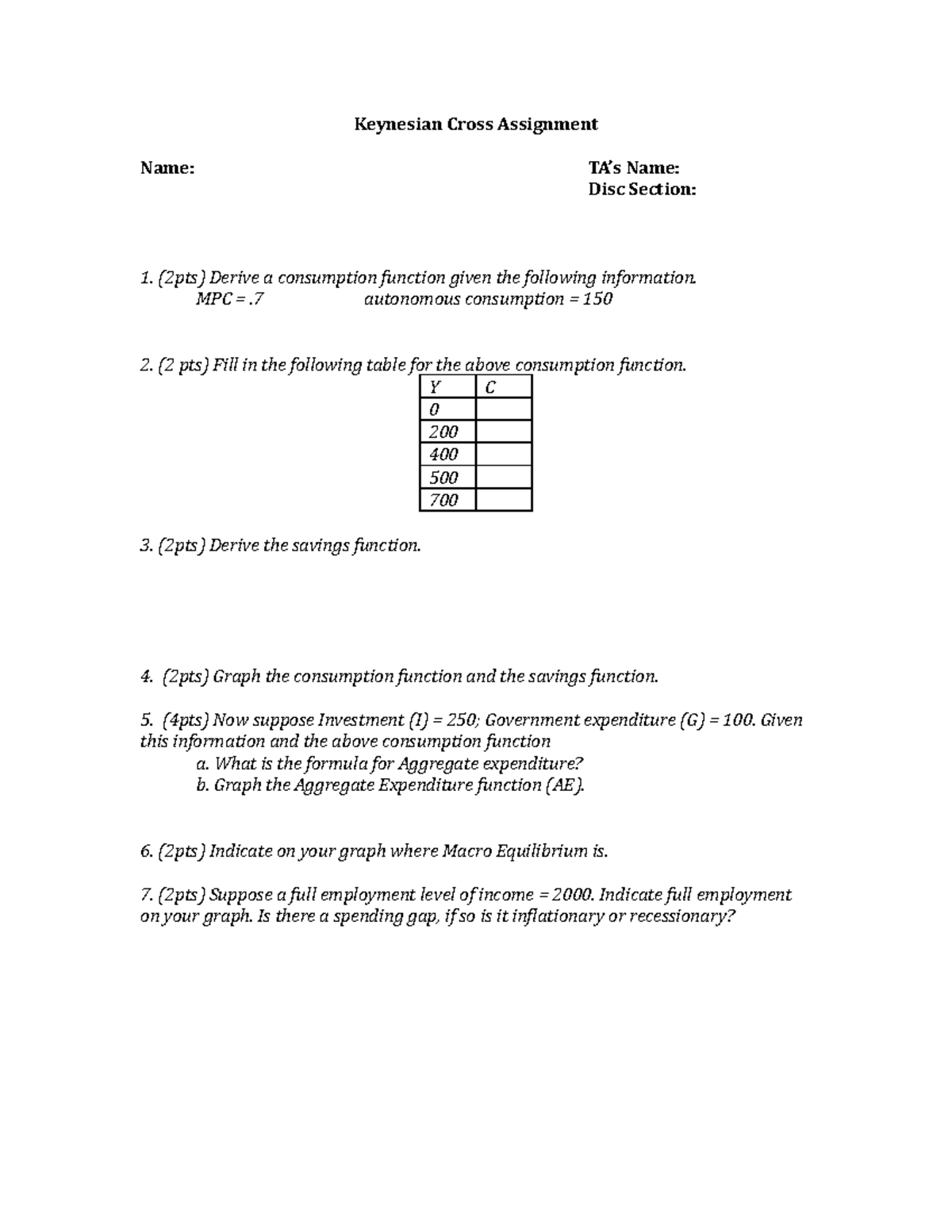 Keynesian Cross Assignment Keynesian Cross Assignment Name Tas Name