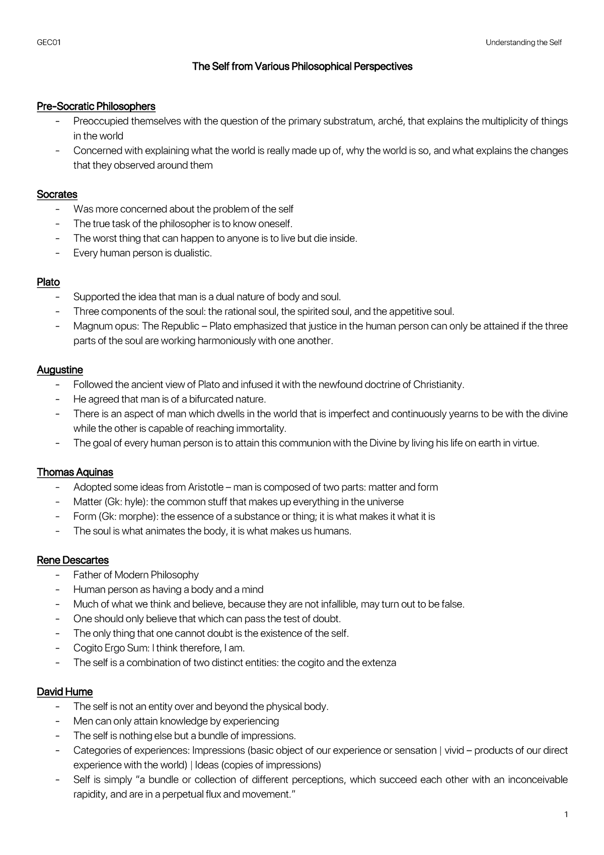 UTS Handout 2 - GEC 01 Understanding the Self 1 The Self from Various ...