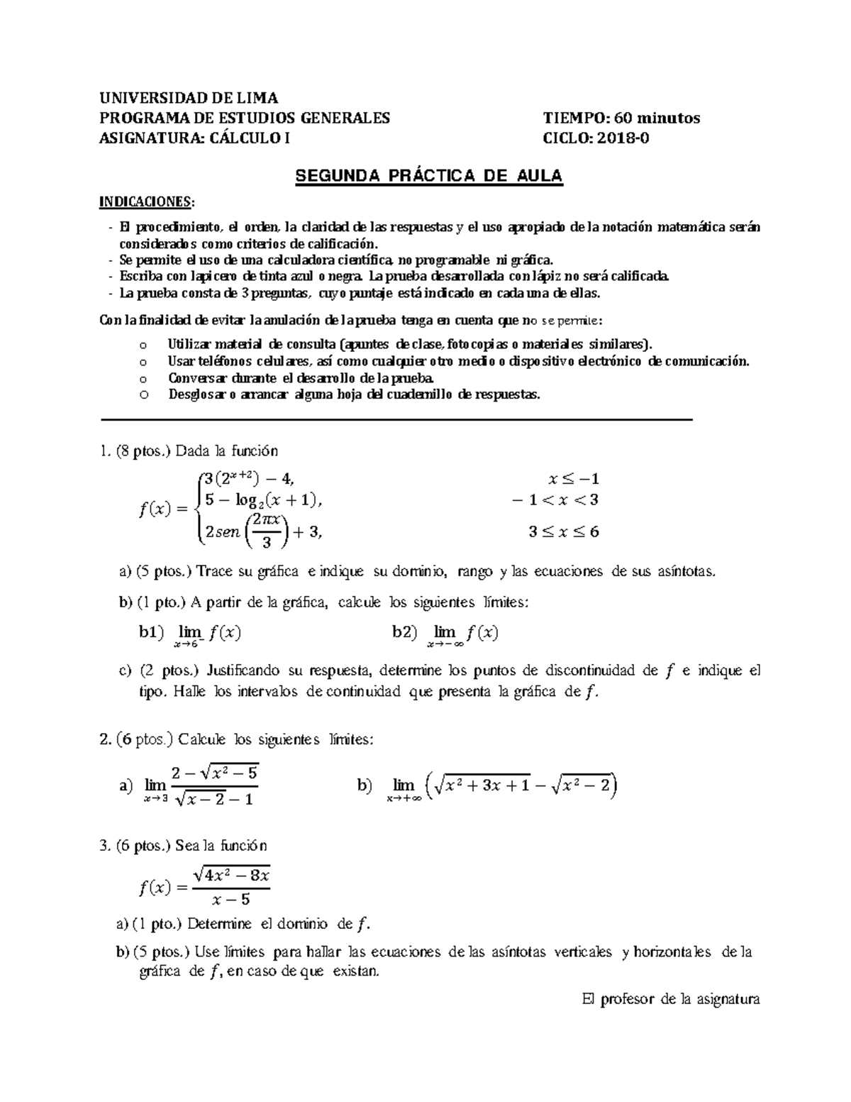 P2 Cálculo 2018 0 Examen De Calculo I Del Año 2018 Universidad De Lima Programa De Estudios P2 Cálculo 2018 0 Examen De Calculo I Del Año 2018 Universidad De Lima Programa De Estudios