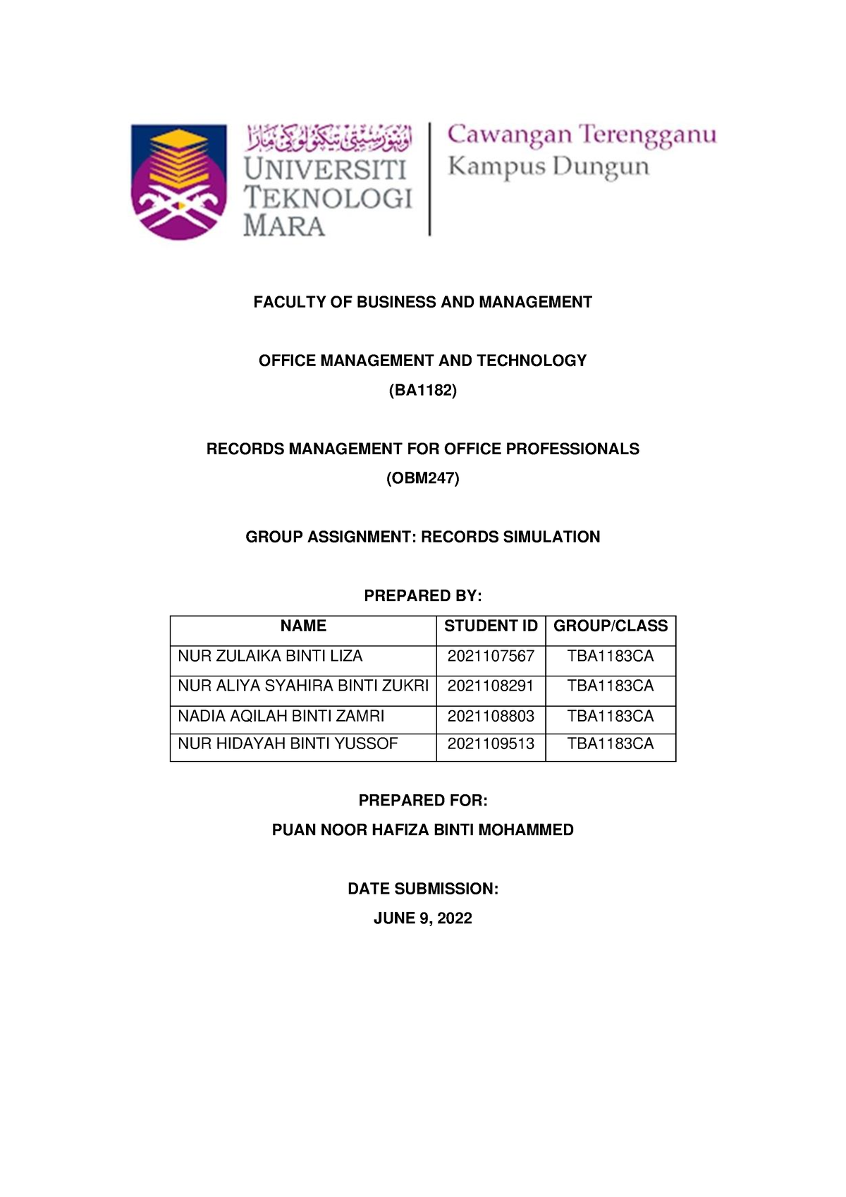 Group 3 Assignment OBM247 Records Simulation - FACULTY OF BUSINESS AND ...