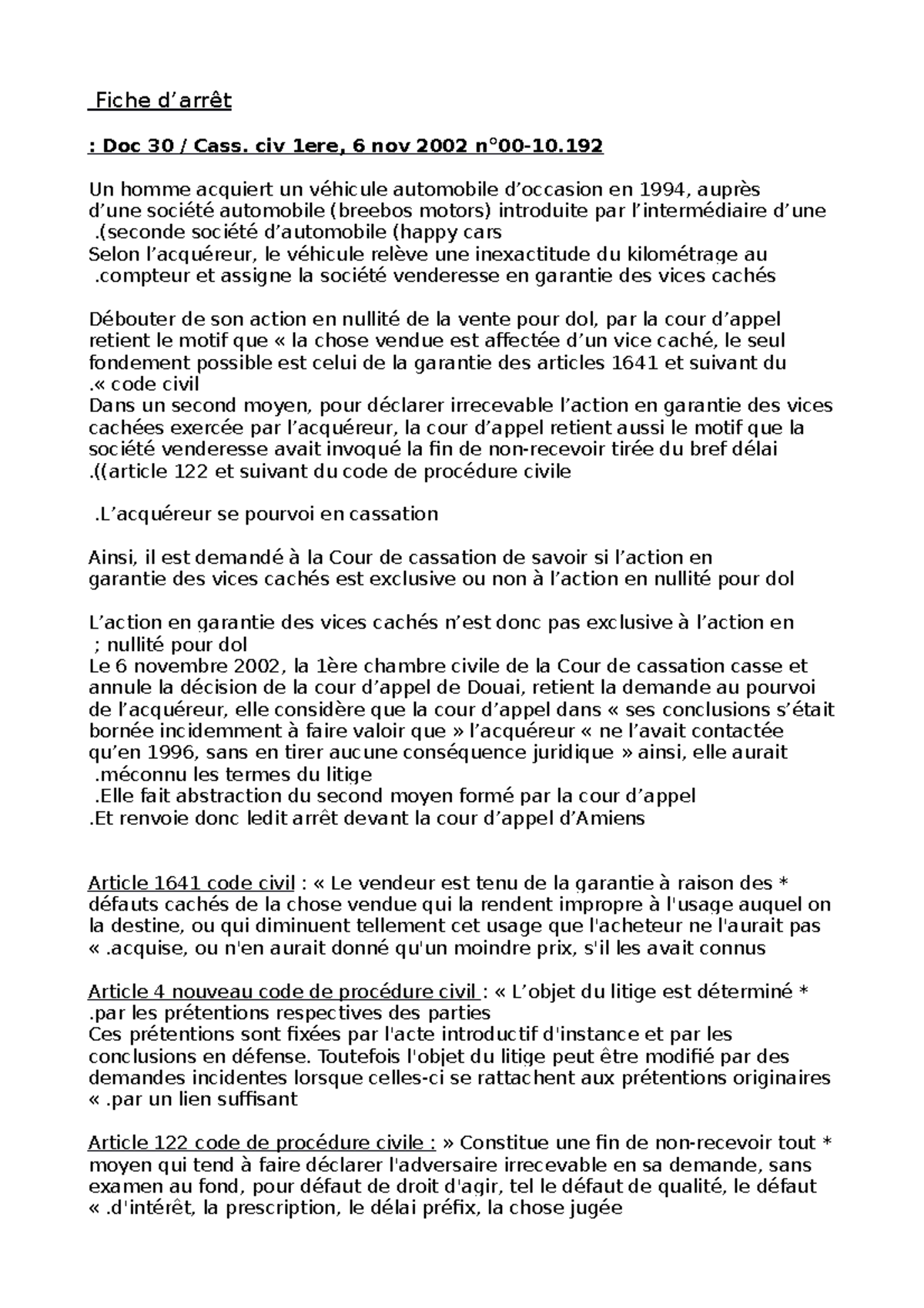 Doc 30 Cass. Civ 1ere, 6 Nov 2002 N°00-10 - Fiche D’arrêt : Doc 30 ...