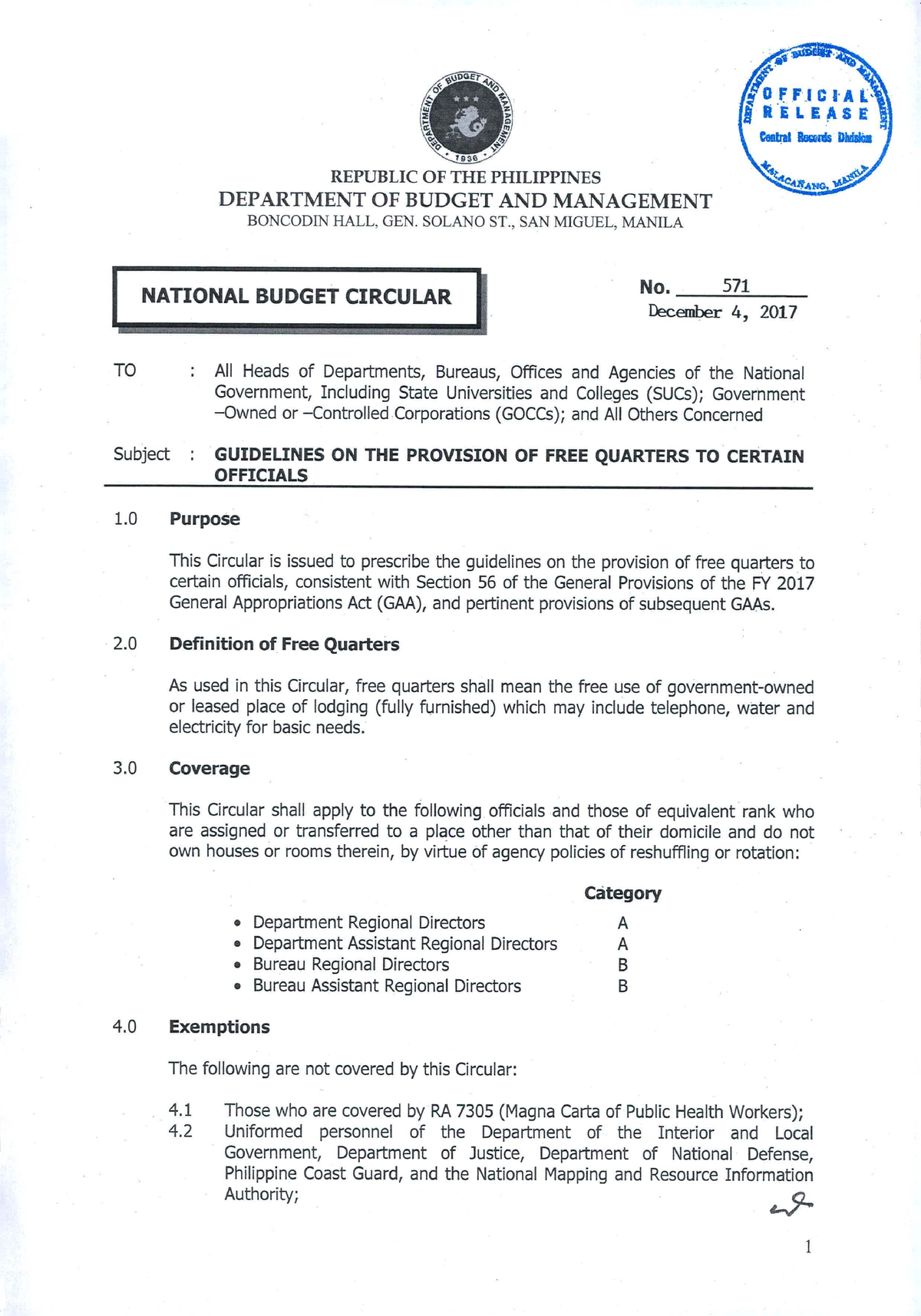 National Budget Circular NO. 571 - /0 . FFICIAL RELEASE REPUBLIC OF THE ...