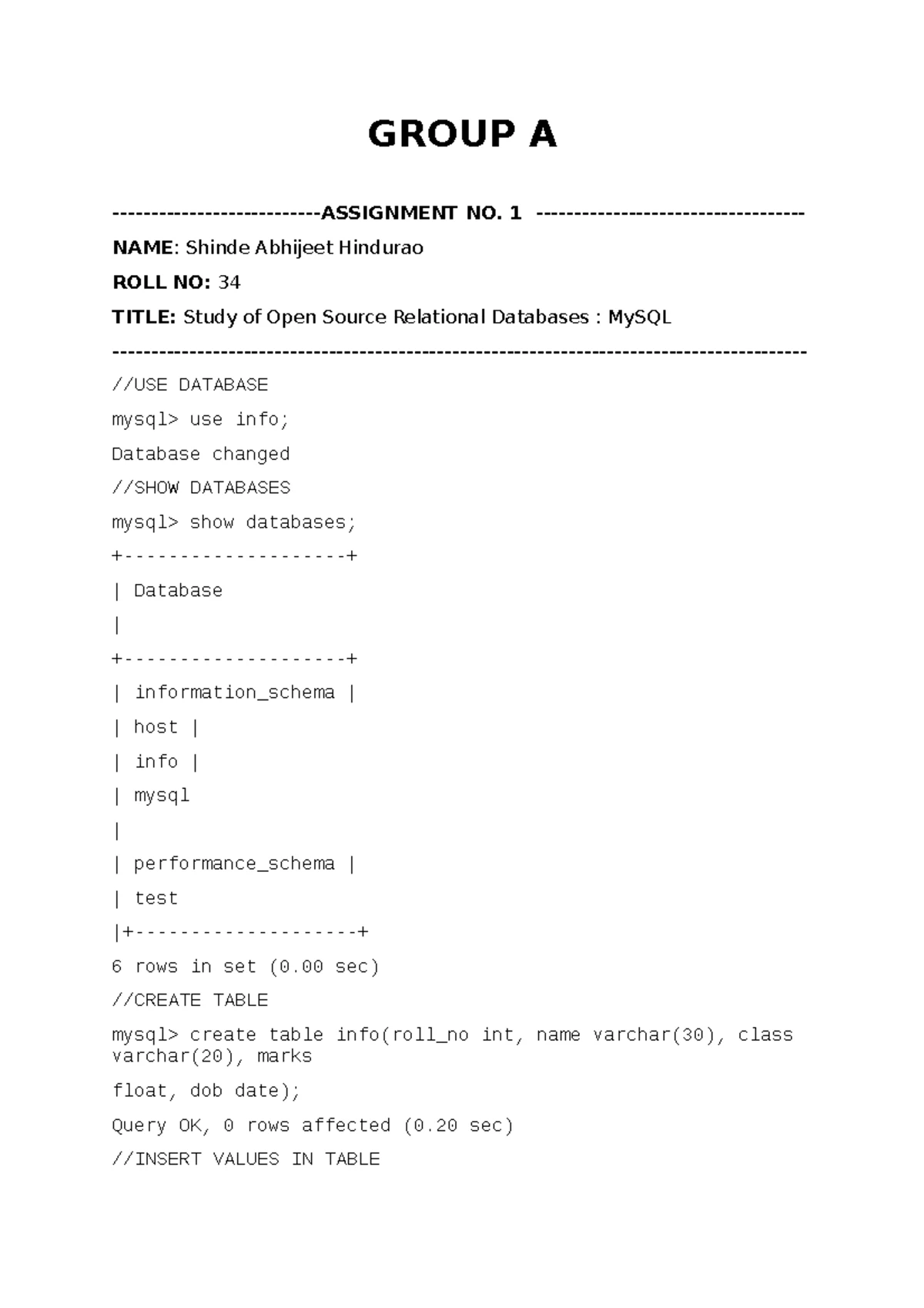 DB-1-1 - dbmsl first practical - 1. creating the database and tables ...
