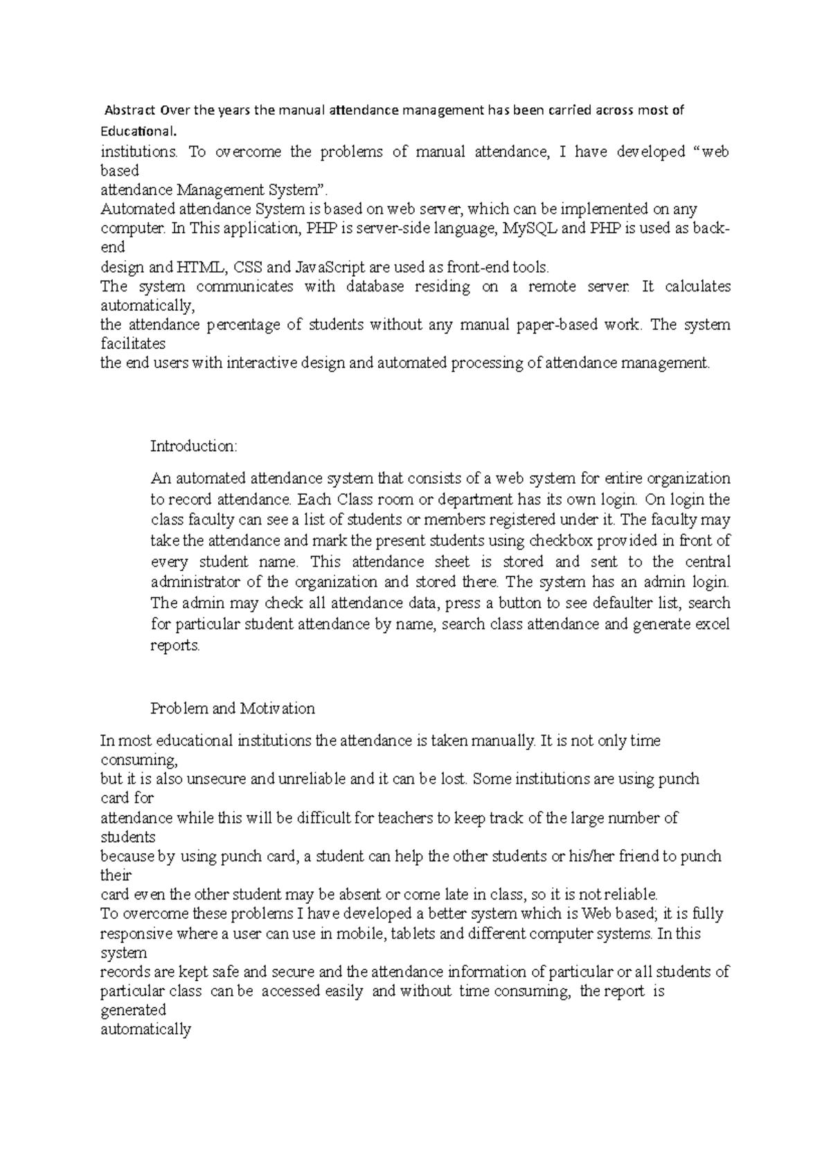 SEPM Automated Attendence System Abstract Over the years the manual