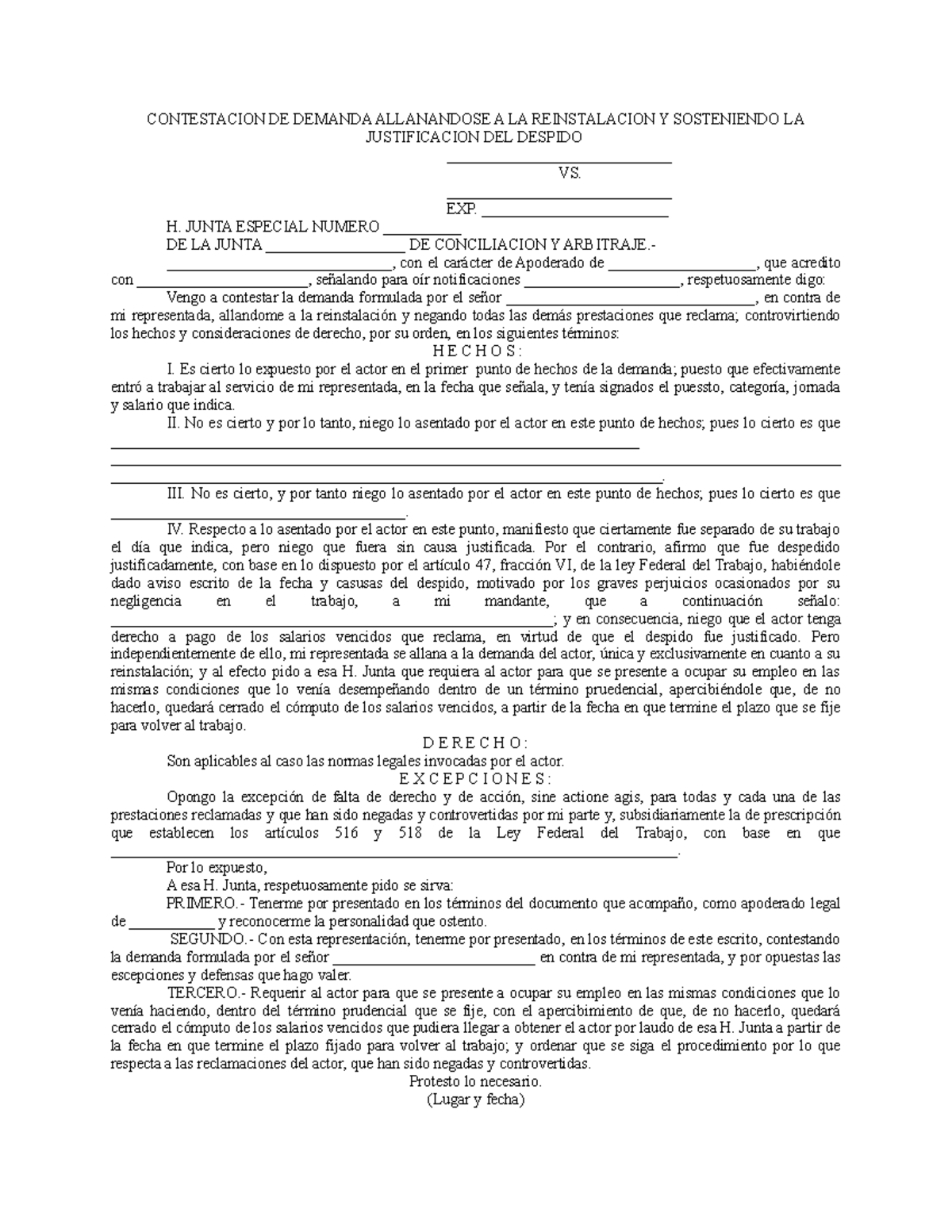 Contestacion DE Demanda Allanandose A LA Reinstalacion Y Sosteniendo LA  Justificacion DEL Despido 2 - Studocu