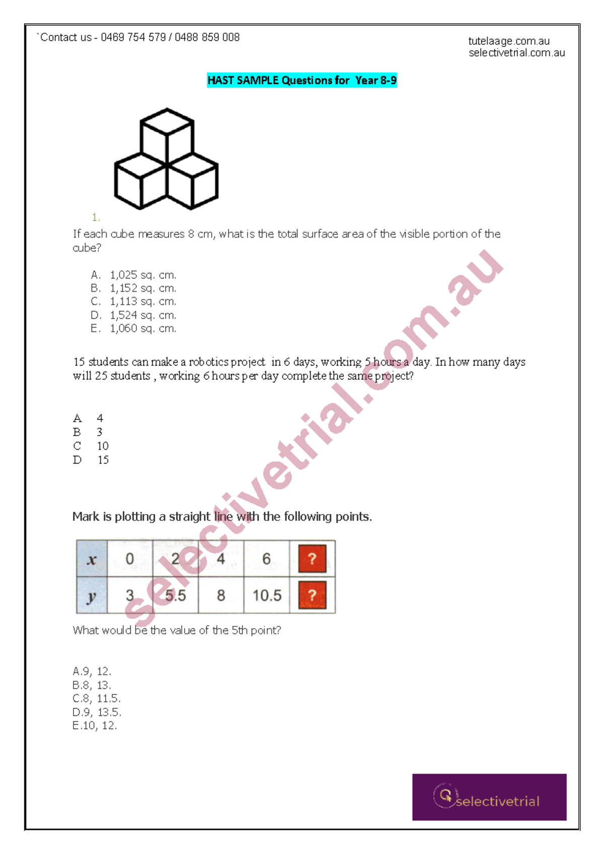 HAST Mathematical Reasoning -YEAR 9 - HAST SAMPLE Questions for Year 8 ...