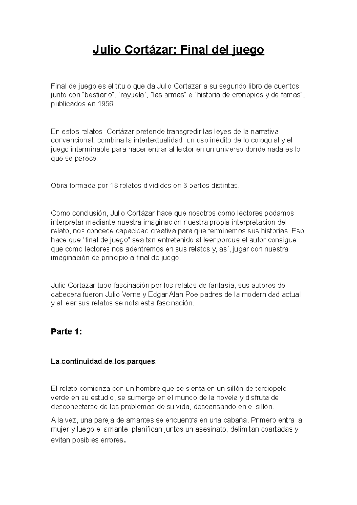 Julio cortazar apuntes para examen Julio Cortázar Final del juego
