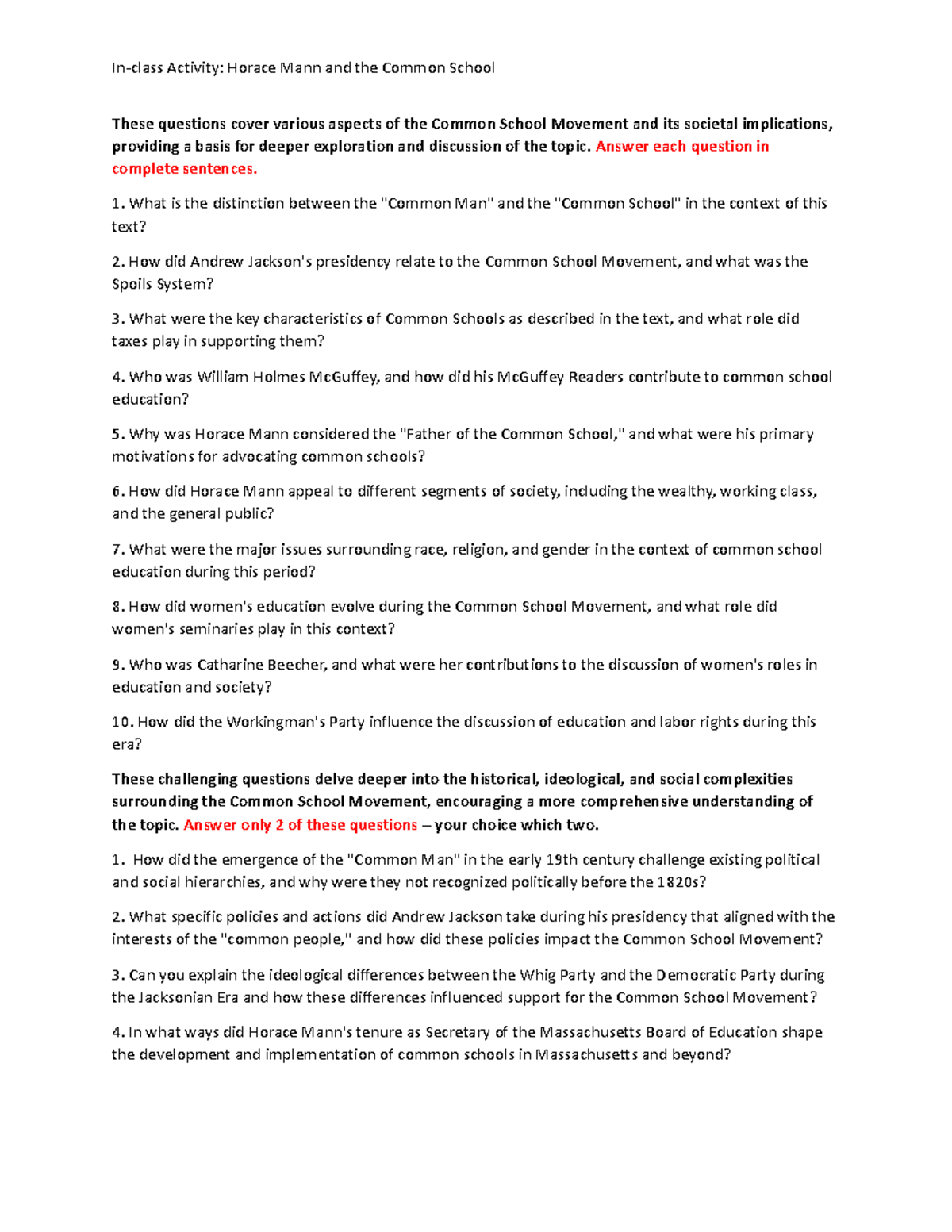 Horace Mann Common School worksheet Inclass Activity Horace Mann