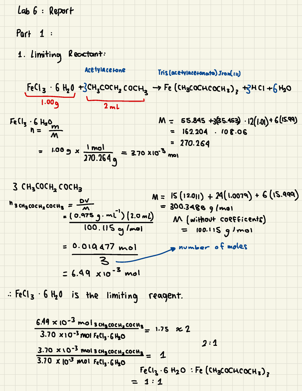 Chem Work Lab 6 - Lab 6 : Report Part 1 : 1. limiting Reactant ...