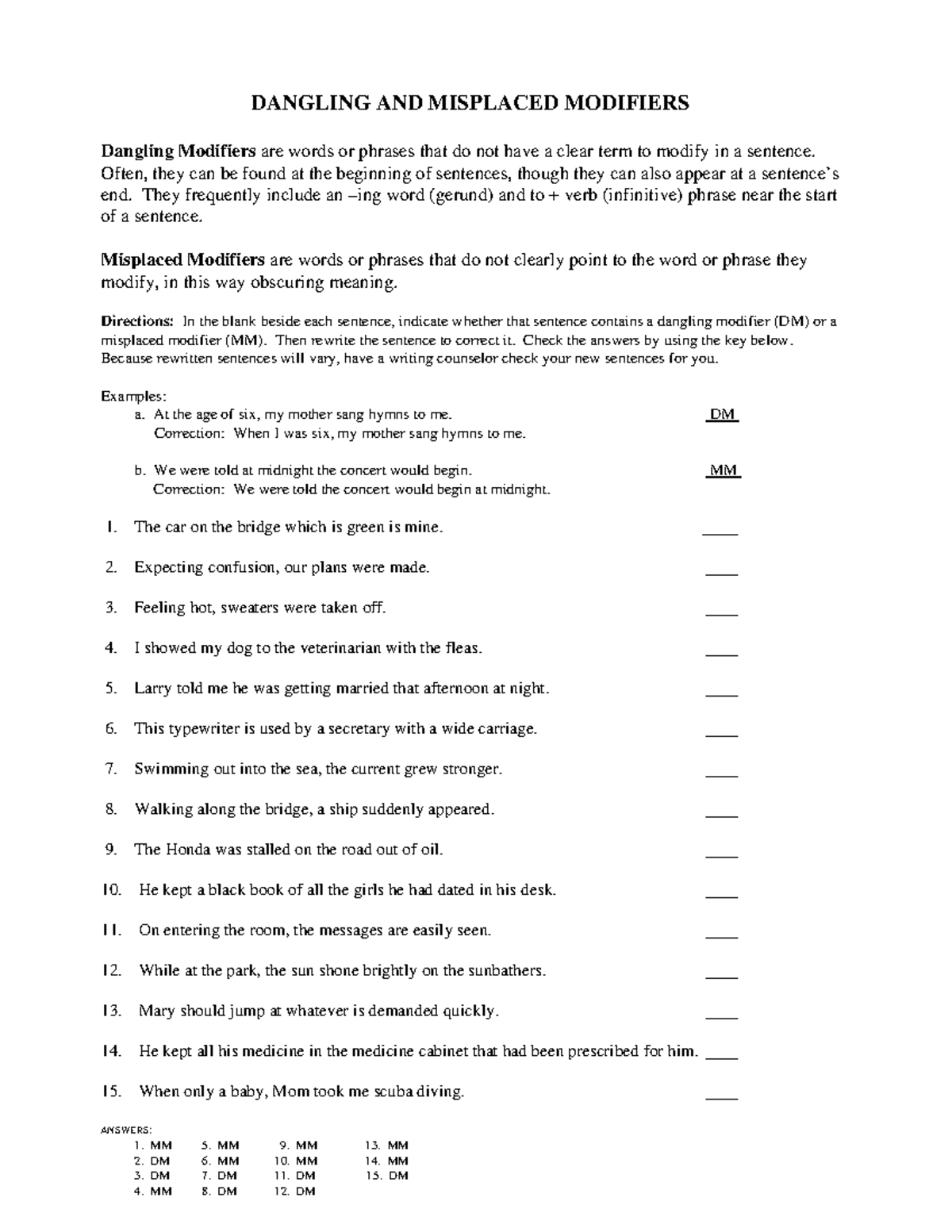 Dangling And Misplaced Modifiers Worksheet With Answers - DANGLING AND ...