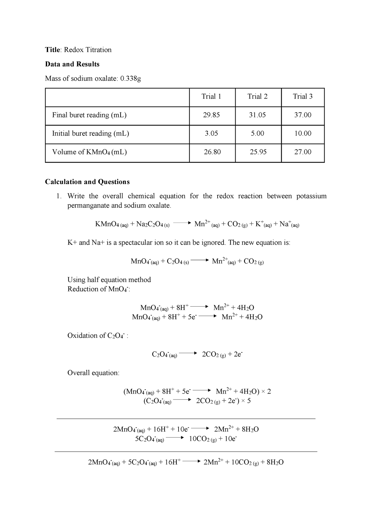 ASNA Syahindah 2021885696 Report 3 - Title : Redox Titration Data and ...